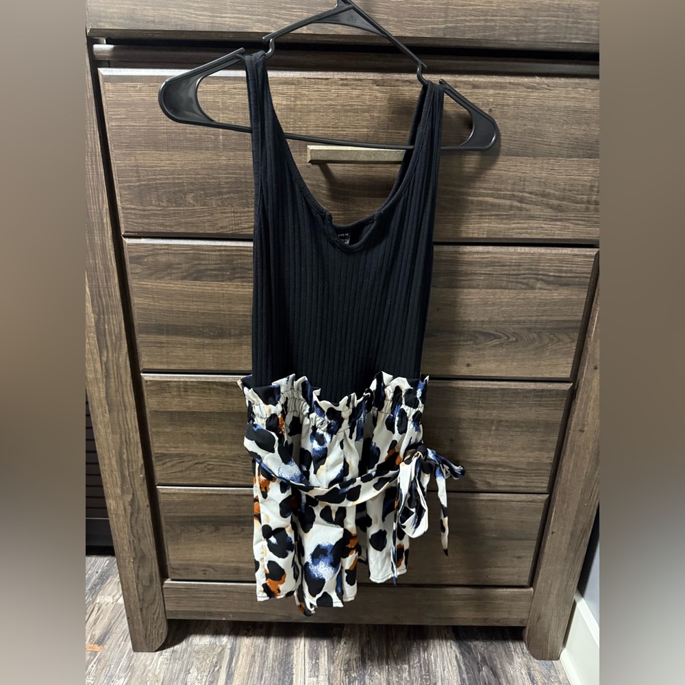 Black Ribbed Bodysuit with Animal Print romper